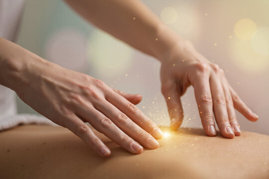 Hands performing energy healing or massage therapy with a glowing effect