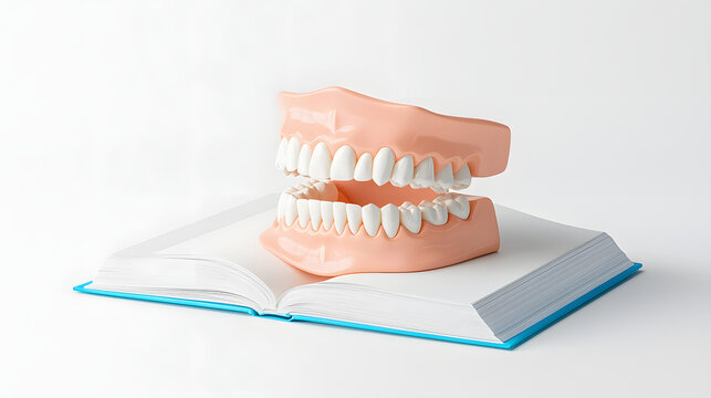 dental textbook with model of human teeth on top, showcasing oral anatomy and dental education. This represents importance of learning in dentistry