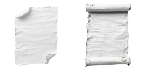 Crumpled White Paper Sheet and Scroll Background for Design Use, isolated on transparent background.