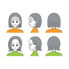ボブヘアの女性の顔アイコンセット（正面・横顔・後ろ姿）【ベクターイラスト】