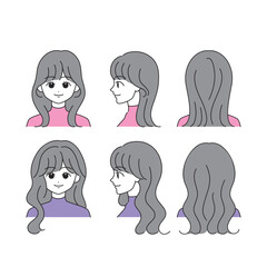 ロングヘアの女性の顔アイコンセット（正面・横顔・後ろ姿）【ベクターイラスト】