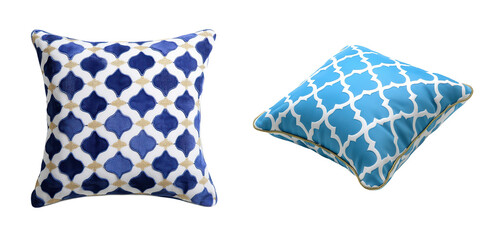 Fototapeta premium Elegant Blue and White Decorative Cushions for Home Decor, isolated on transparent background.