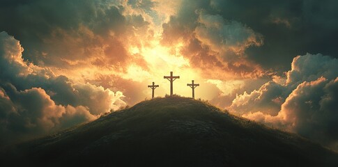 Ai generated three crosses on calvary hill at sunset symbolizing christianity and faith