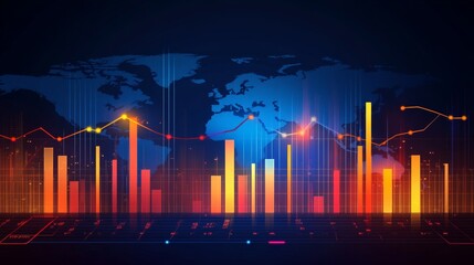 Naklejka premium Global Financial Market, Digital Growth Trends with Candle Charts and World Map, Vector Illustration
