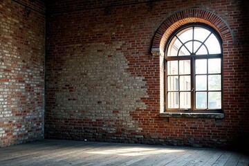 Fototapeta premium Weathered brick wall, arched window, old factory , grunge, factory exterior