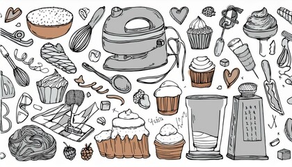 Hand drawn set of baking and cooking tools, mixer, cake, spoon, cupcake, scale. Doodle sketch style. Illustration for frame, banner, bakery site design.