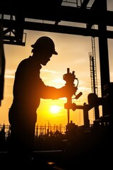 Silhouette of Worker at Sunrise in Construction Site with Tools