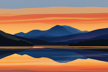 Fototapeta premium Mountain landscape at sunset reflecting on water