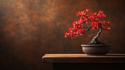 The bonsai tree, carefully shaped, sits elegantly on a wooden table under the soft glow of gentle lighting, conjuring a scene of serene tranquility