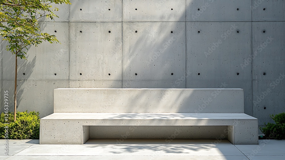 Poster empty concrete bench against a textured wall with tree shadows, suitable for ads
