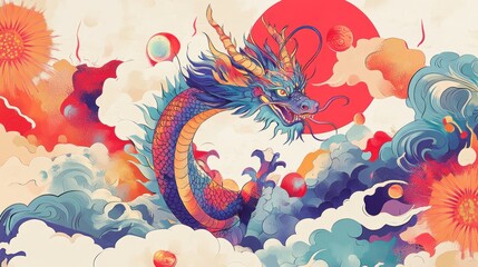 Majestic dragon soaring amidst clouds, sun, and celestial bodies; ideal for Asian-themed designs