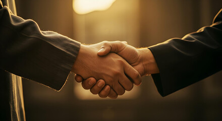 The image shows a close-up of two people shaking hands in a formal setting, possibly in a dimly lit hall. One person wears a dark robe with intricate details on the sleeve.