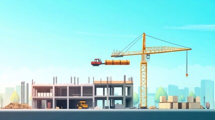 Construction site Crane lifts beam, city backdrop