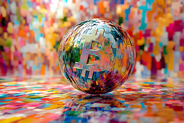 A digital representation of Bitcoin placed against a vibrant, colorful background, symbolizing the dynamic world of cryptocurrency and financial innovation
