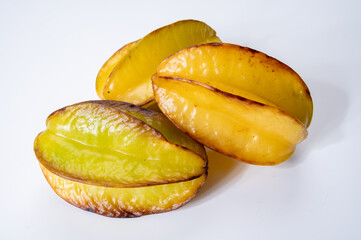 Ripe fresh averrhoa carambola or star fruits on white background