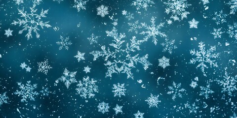Winter Wonderland: Delicate snowflakes shimmer and dance on a backdrop of rich blue, their intricate designs captivating the eye and evoking a sense of winter's serene beauty.