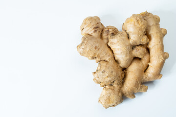 Fresh organic ginger rhizome root used in traditional medicines and for flavoring meals, drinks, isolated on white