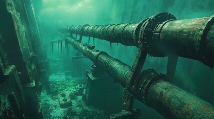 Fototapeta premium Underwater rusty pipes, shipwreck background