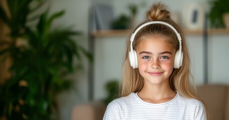 Caucasian girl smiling while listening to music with headphones in a cozy indoor setting