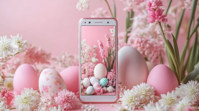 Ai generated smartphone showing easter eggs and pink flowers on screen with easter decoration - Powered by Adobe