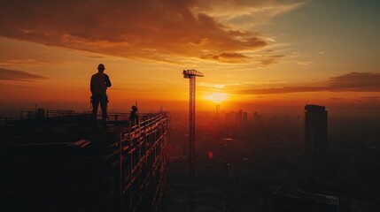 Fototapeta premium Construction worker sunset cityscape view