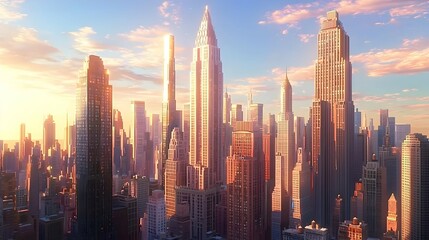 Obraz premium Sunrise Cityscape: Golden Hour Light on Modern Skyscrapers