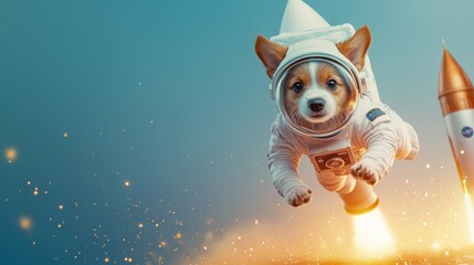 Corgi astronaut leaps from rocket, space background, playful pet adventure