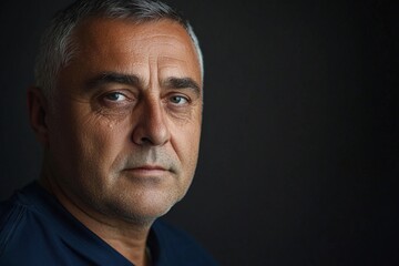 Fototapeta premium Portrait of a middle-aged man with gray hair displaying a serious expression against a dark background