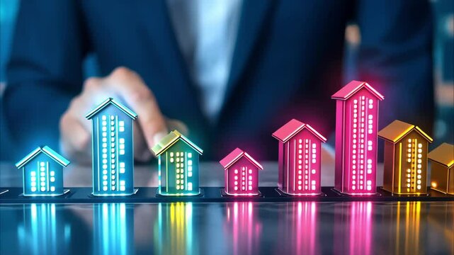 A person is analyzing a colorful graphical representation of increasing house prices or real estate trends.