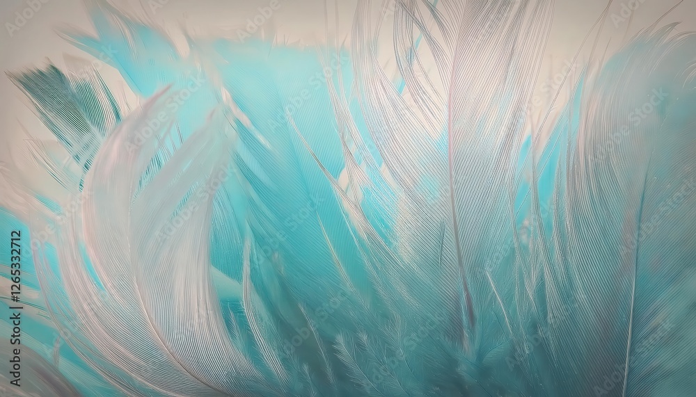 Poster soft mint colored bird feathers close-up, fine texture and delicate details for design or artistic projects