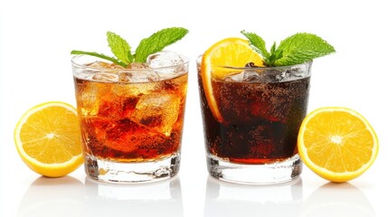 Iced drinks, mint, citrus, studio, white background