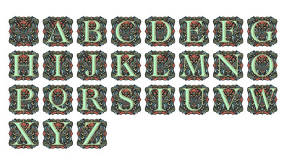 Full set of medieval illuminated manuscript letter initials, hand-drawn vector illustration, medieval ornamental alphabet