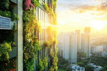 Eco skyscraper with abundant greenery and solar panels integrated into an urban setting