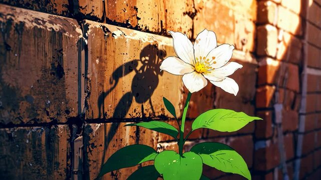 Video footage of single white flower with green leaves grows against a brick wall, casting a distinct shadow in the sunlight