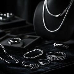 Luxurious black and silver jewelry display with elegant chains and bracelets