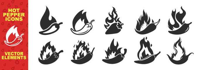 Hot chilli pepper set with fire. Red Hot Chili designs vector isolated on transparent background