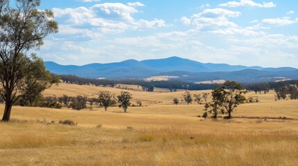 Obraz premium Dry grassland, distant mountains, sunny day, pastoral scene