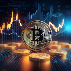 Bitcoin Coin on Financial Chart Background in 3D
