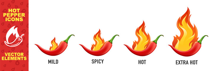 Spice level marks: mild, spicy, hot and extra hot. Symbol of pepper with fire. Vector spicy food mild and extra hot sauce, chili pepper red icons