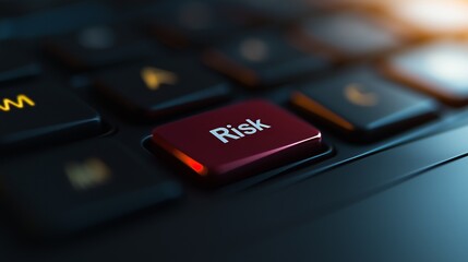 Close-up of a laptop keyboard featuring a prominent red button labeled Risk