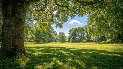 Fototapeta premium Shady park, sunny meadow, tree, relaxation