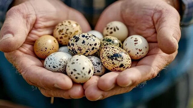 farmer holding quail eggs and quail.