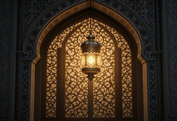 Ornate lantern casting a warm glow in an arched doorway with intricate patterns