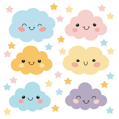 Clouds set in cute cartoon flat style vector illustration. Cloud for decoration. Clouds elements for newborn, nursery, stickers