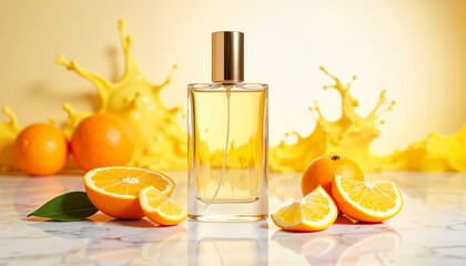 Transparent women's perfume bottle surrounded by fresh sliced oranges and bergamot on a reflective marble surface, vibrant citrus fragrance concept.