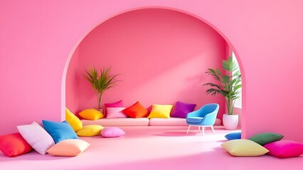 A monochromatic pink room features a curved archway revealing a seating area with colorful pillows, a light blue chair, and potted plants, creating a playful and inviting space.
