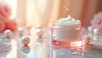 Collagen-infused night cream jar on a glass vanity surrounded by floating pearls and soft light, skincare elegance concept.