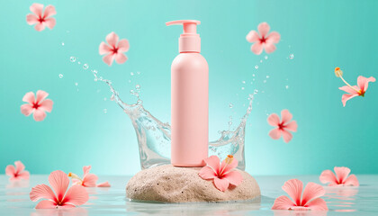 Tropical sunscreen bottle prominently displayed on coral stone, surrounded by splashes of water and hibiscus petals, summer skincare concept.