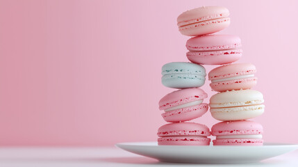 Pastel-colored macarons stacked elegantly on a white plate. Soft, pink background.
