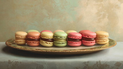 Assorted macarons in pistachio, raspberry and chocolate, placed on a vintage ceramic plate.